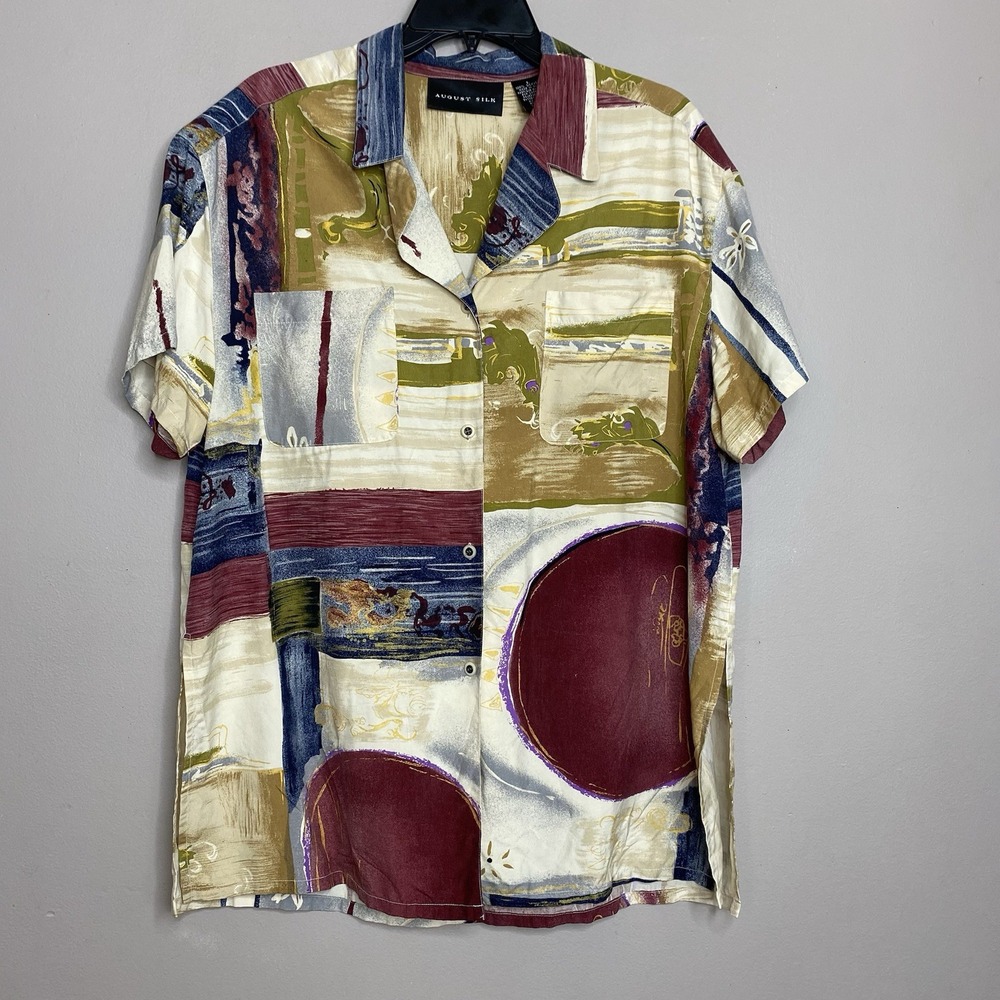 AUGUST SILK MULTI COLOR PRINT SHORT SLEEVE BUTTON UP SHIRT TUNIC TOP 100% SILK L